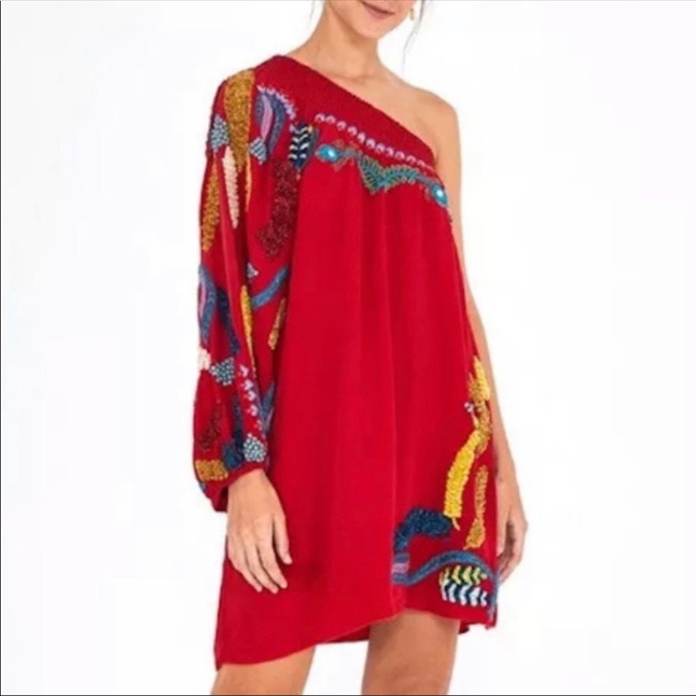 FARM Rio silk embroidered one sleeve dress
